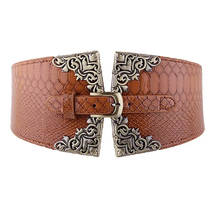 6.5cm width PU belts and elastic band belt connection with metal buckles for ladies