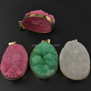 JF6407 Mode Berkilau Lapis Emas, Liontin Druzy Kuarsa, Bezel, Berlapis Emas, Merah Muda, Hijau, Putih