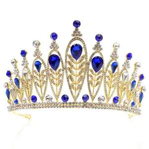 Gold Plated Royal Blue Rhinestones Quinceanera Tiaras And Crowns Crystal Bridal Headband Wedding Party Accessories