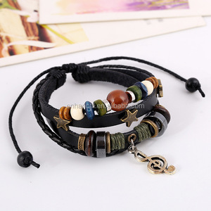 Nouveau Bracelet marron, style Hippie, Boho, artisanal, en cuir, étoiles G Clef, Note, breloques métalliques, boutons en bois, perles, enveloppe ajustable, unisexe - Product Image 5