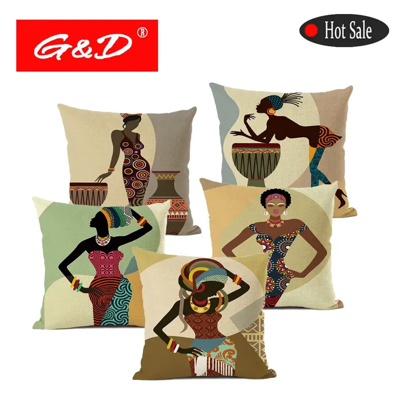 G & D 만화 아프리카 패션 레이디 현대 아트 장식 리넨 베개 커버