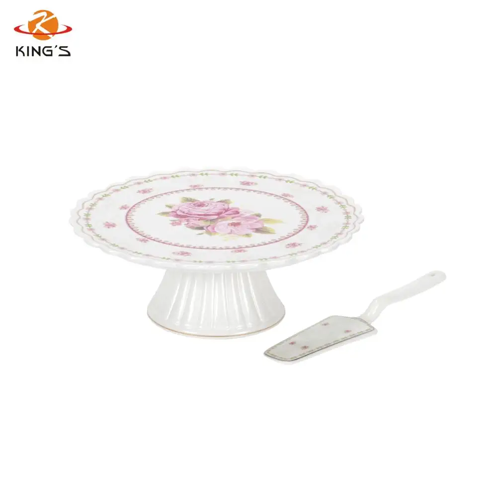 Chinese product fine ceramic cake plate with stand and flower decal