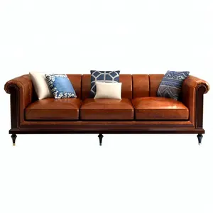 Modern solid wood sectional sofa 3 seat Red brown leather sofas furniture