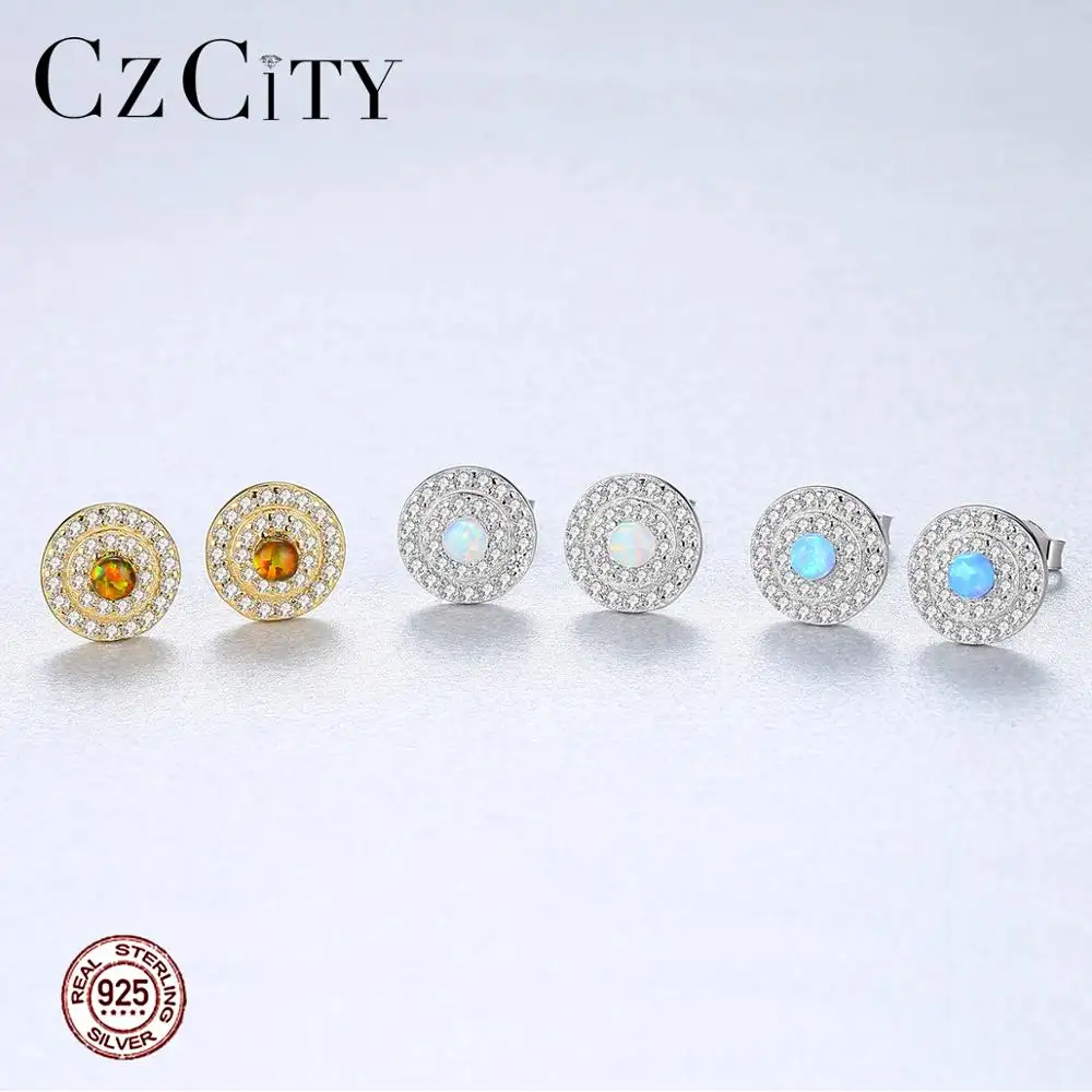 CZCITY 925 Sterling Silver Bạc Tiny CZ Mở Opal Bông Tai Cho Phụ Nữ Trang Sức Opal