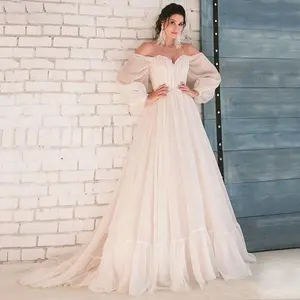 Ivory Puff Sleeves Off Shoulders Elegant Plus Size Wedding Dresses For Bride