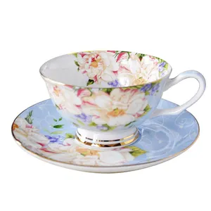 Wholesale best quality cheap Bone china cup and saucer set with spoon, Wedding ceramic coffee cups, tea set with tray