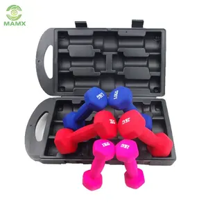 Grosir berat Bea Cukai 6kg 10kg vinil dicelup dilapisi/neoprene set dumbbell dengan kotak plastik tiup