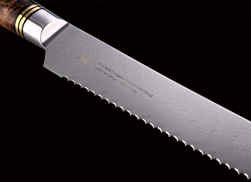FINDKING 8 inch AUS-10 damascus steel arrow pattern Sapele wood handle 67 layers Bread knife
