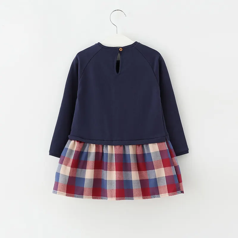 Autumn hot sale fashion cotton french terry clothing casual style Long Sleeve navy color prom career Kids Gril Dress