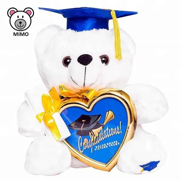 Cheap Cartoon Cute White Graduation Teddy Bear Plush Toy With Blue Hat Souvenir Gift Custom LOGO Soft Graduation Plush Toy