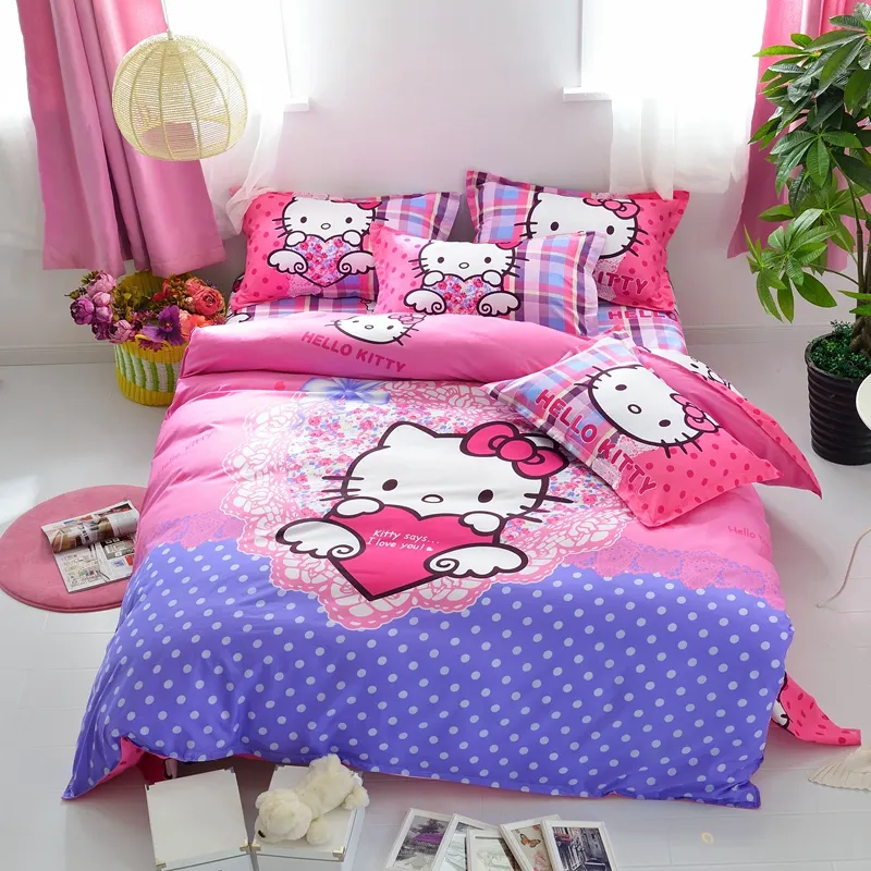 Polyester Cartoon Reactive Printed Bedding set Bed sheet Duvet cover purple kitty
