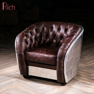 Poltrona Singola Retrò Industriale Classica Americana in Pelle Vintage con Bottoni e Trapuntatura Profonda, <span class=keywords><strong>Divano</strong></span> in Alluminio - Product Image 2