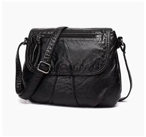 Black Small Women Messenger Bag Soft Washed PU Leather Crossbody Bag Female Handbag Purses