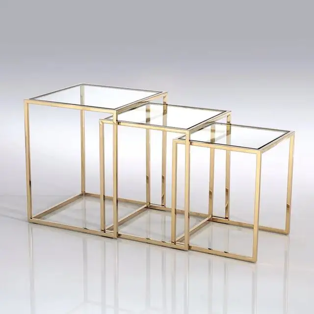 أرخص مربع مجموعة منضدة 3 قطع ذهبي المقاوم للصدأ طاولة قهوة فولاذية مع هدأ الزجاج قمم