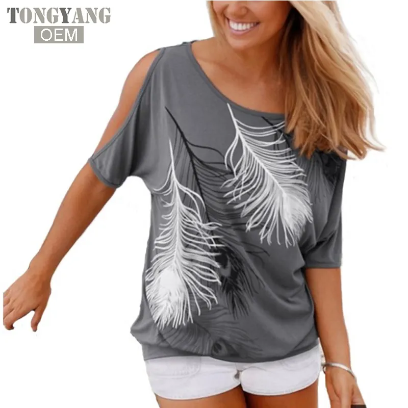 Tongyang Slit manga hombro frío pluma estampado Mujer Casual verano camiseta chica camiseta suelta Top camiseta