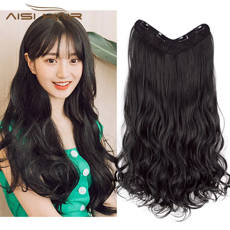 Aisi Hair 22inches New Arrival V Shape Synthetic Clip In Hair Extensions Natural Black Long Wavy Hairpieces