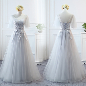 ग्रे/शैंपेन असली फोटो ओएम लंबी आस्तीन ब्राइडेसमेड एक लाइन फीता ब्राइड्समेड कपड़े - Product Image 6