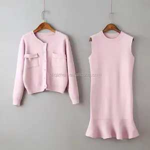 Set fashion cardigan and slim fit mermaid knitted dress set KINGCHEN good quality solid color women sweater