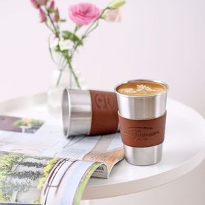 Costume portable en cuir pour camping en plein air, logo <span class=keywords><strong>personnalisé</strong></span>, cadeaux promotionnels, manches en cuir, <span class=keywords><strong>tasse</strong></span> café en acier inoxydable, 10oz 14oz, 50 pièces - Product Image 2