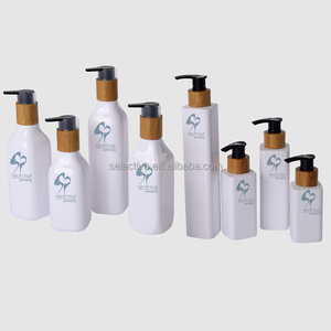 Pompe en bois bambou avec couvercle Unique de 400ml, pour shampoing, grande taille, bouteille en plastique blanc - Product Image 1