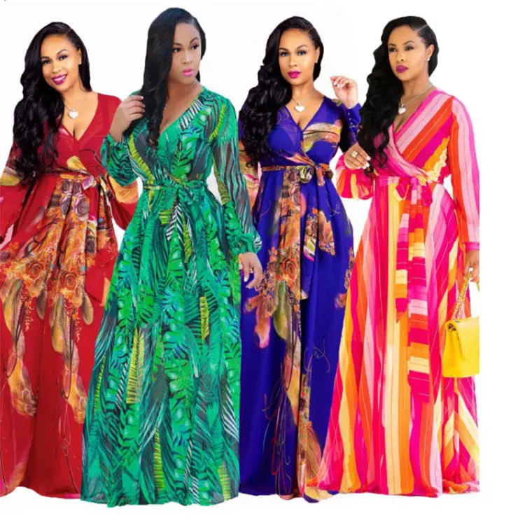 Dress Pesta Sifon Wanita, Gaun Pesta Pantai Sifon Musim Panas Kualitas Tinggi Panjang Motif Maxi untuk Perempuan