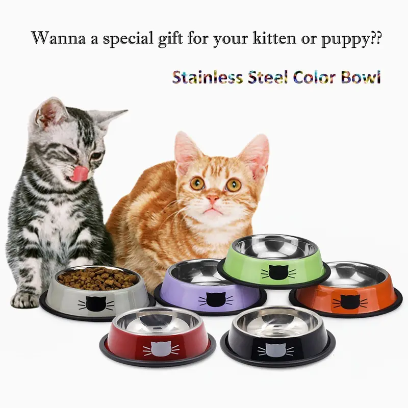 Paslanmaz çelik kase renkli sevimli köpek kase veya kedi tabak kaymaz kauçuk alt ile