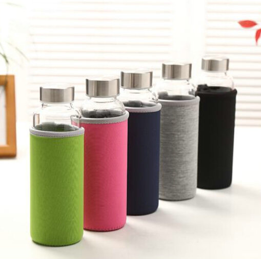 KC-08632 Stylish Glass Water Bottle with black Nylon Sleeve Portable Drinking Bottles