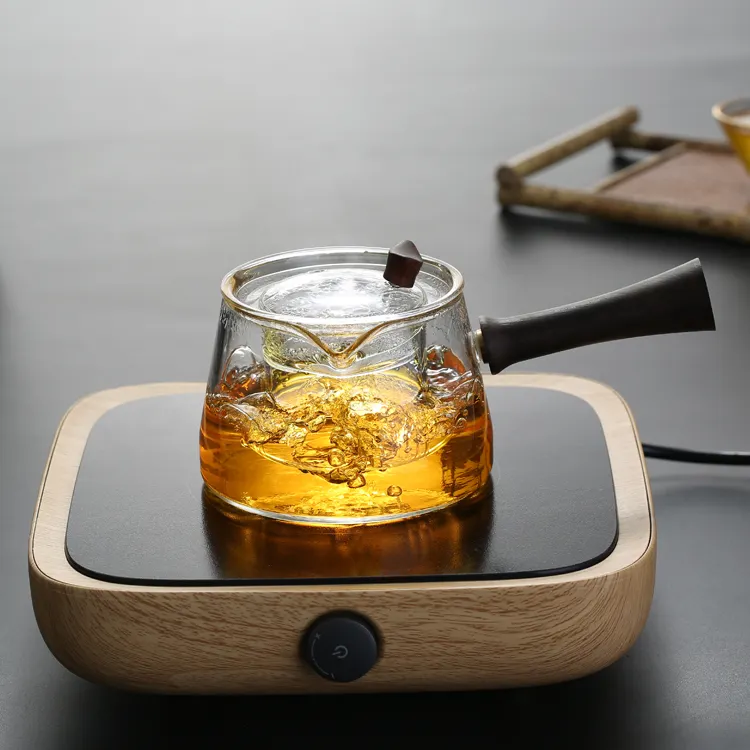 Kung fu thé en verre de pot de cuisson en verre théière en bois poignée avec infuseur en acier inoxydable