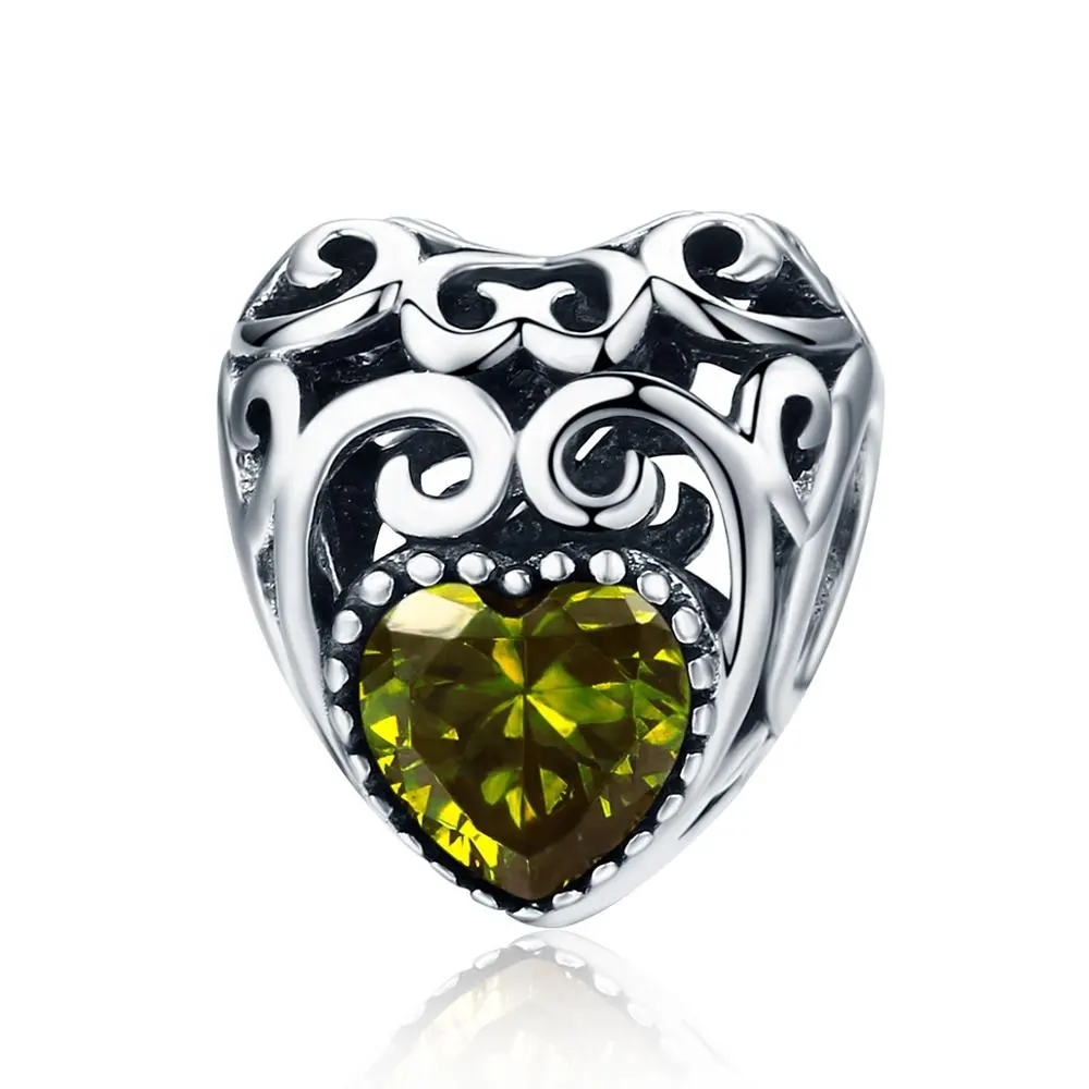 Qings 925 Bạc Tháng Tám Birthstone Heart Shaped Charm Mặt Dây Chuyền Với CZ Olivine Peridot Fit Bracelet Vòng Cổ Cho Phụ Nữ Cô Gái