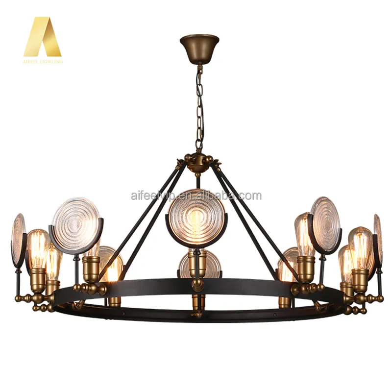 Retro big rusty iron ring use vintage edison bulb ceiling light hotel hanging chandelier pendant lamp living room