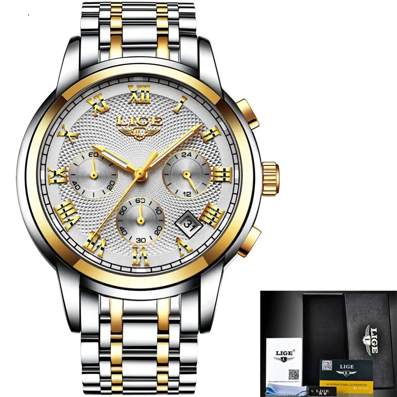 LIGE新しいデザインのステンレス鋼防水時計メンズカジュアルスポーツクォーツ時計