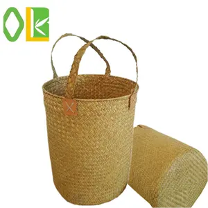 Organisateur de stockage de vêtements sales tissés en herbe naturelle et panier à vêtements sac avec poignée panier en bambou vase décoration stockage à la maison