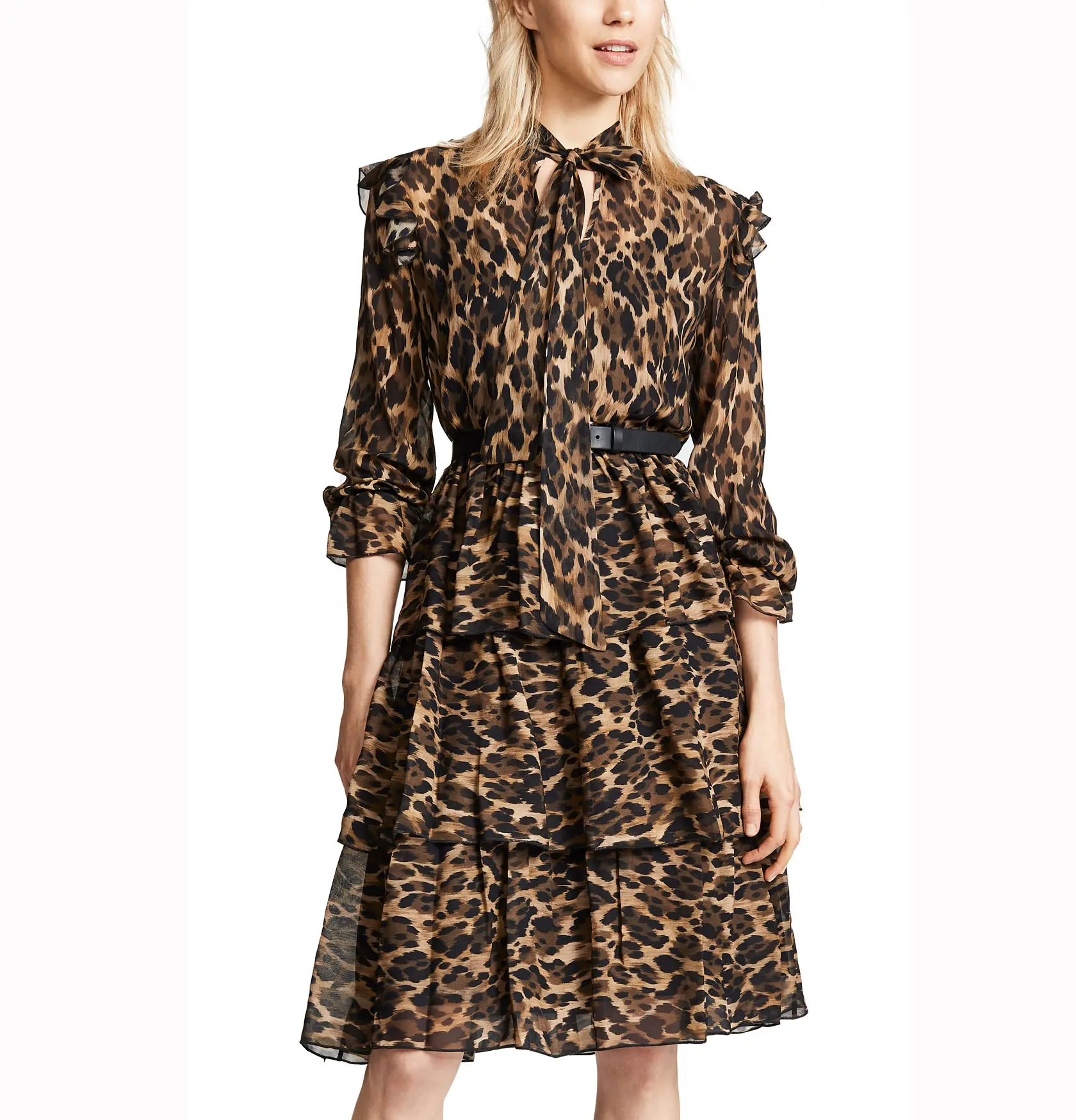100% Viscose Fabric Tiered Long Dress Leopard Print Dress
