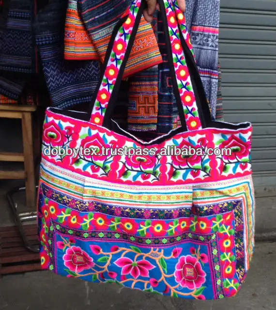 Thai handmade floral embroidery hmong bag with cotton strap