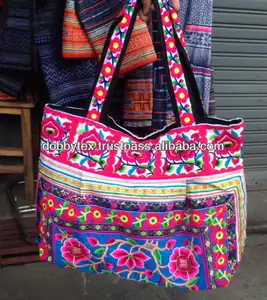 Tailandês artesanal floral bordado hmong saco com alça de algodão