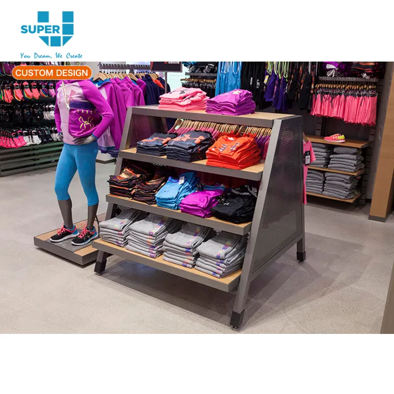Custom Design Wooden Sports Clothes Display Case Shop Fittings Sportswear Floor Stand Display