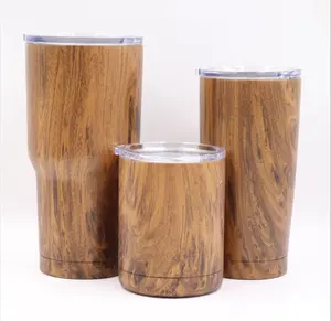 Termo aislado al vacío de doble pared, vaso de café de acero inoxidable 18/8 personalizado y con diseño de grano de madera, con tapa