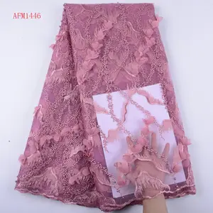 Cipolla di Colore Popolare di Tulle Africano Del Merletto Con Perline Appliques Ricamati Netto Francese 3D Fiore Del Merletto Del Tessuto Per Il Vestito 1446