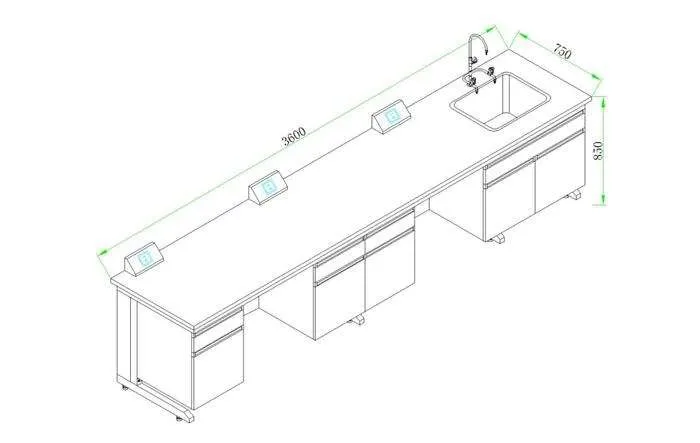 Le banc de laboratoire de meubles d'armoires et de partie supérieure du comptoir de laboratoire avec pp descendent