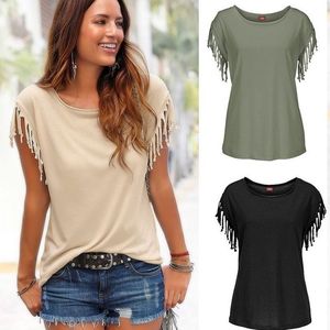 Tuniche alla Moda per Donna Taglie Forti con Maniche a Frange, T-Shirt Casual Tinta Unita per la Stagione Primaverile - Product Image 2
