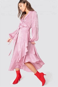 Maxi <span class=keywords><strong>abito</strong></span> in <span class=keywords><strong>raso</strong></span> Boho con volant bordeaux a maniche lunghe da donna elegante Casual autunno 2022 - Product Image 4