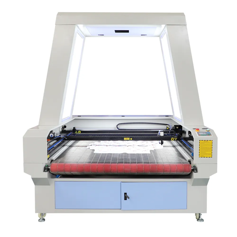 China co2 double head CCD camera auto feeding table top laser cutting and engraving machine for fabric cloth leather wool felt