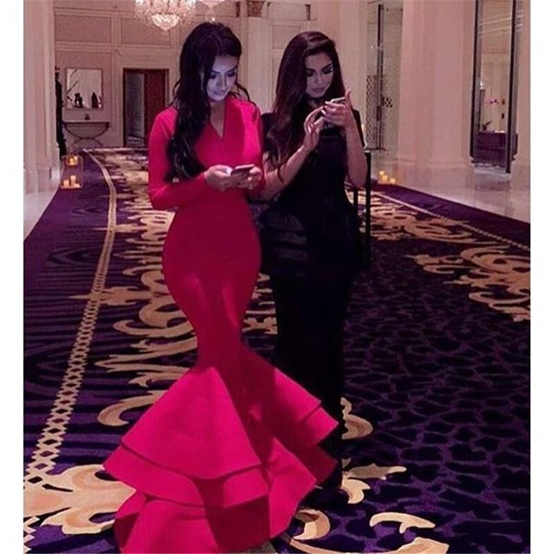 open lace back dress Red Beaded Lace Satin Prom Dresses Long Sleeve V-Neck Formal Dress 24516 Red / US4 main image 1