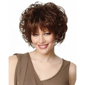 2021 fashion style wig heat resistant rose net fluffy short roll fluffy wave brown bangs synthetic hair wigs for women