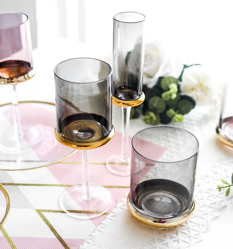 Hand Blown Crystal Wine Glasses  Gold Rim Grey Colored Wine Glass Champagne glass