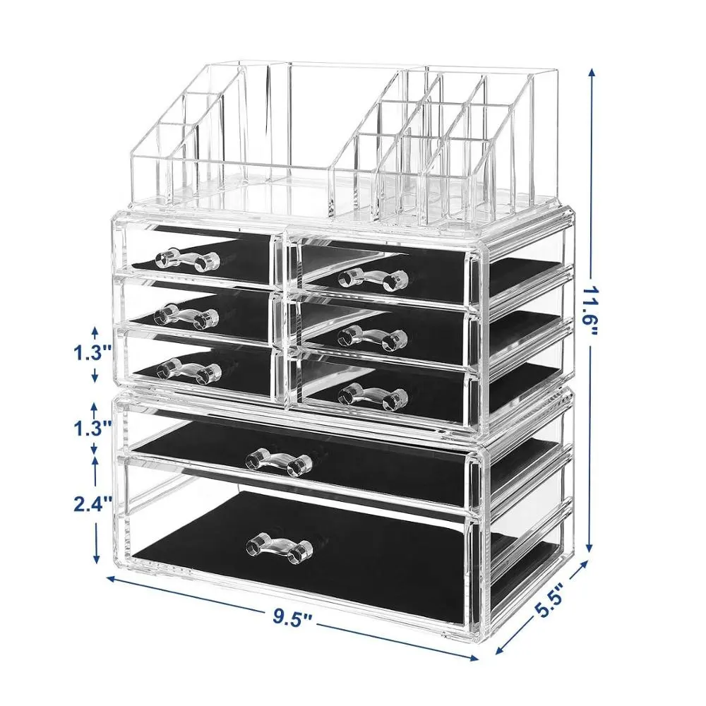 Acrylic Makeup Organizer 3 Pieces Set Cosmetic Storage Jewelry Display Case with 8 Drawers 16 Top Compartments for Brushes Palle