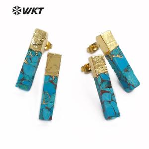 WT-E548 Natural <strong>Blue</strong> Vein Turquoises Ornaments Rectangle Shape Gemstones <strong>Earring</strong> Gold Capped <strong>Stud</strong> <strong>Earring</strong> Jewelry - Product Image 2