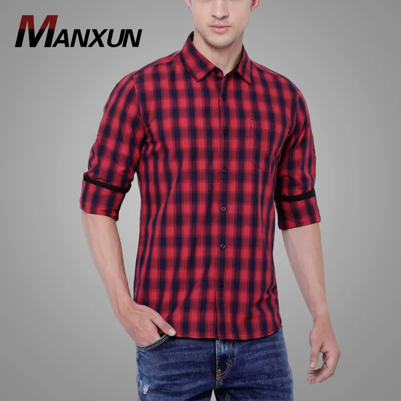 2018 Autumn Red and Black Mens Flannel Plaid Shirt Casual Mandarin Collar Long Sleeve Shirt Men