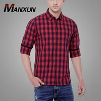 2018 otoño rojo y negro de franela para hombre camisa a cuadros de Mandarin Collar camisa de manga larga hombres camiseta