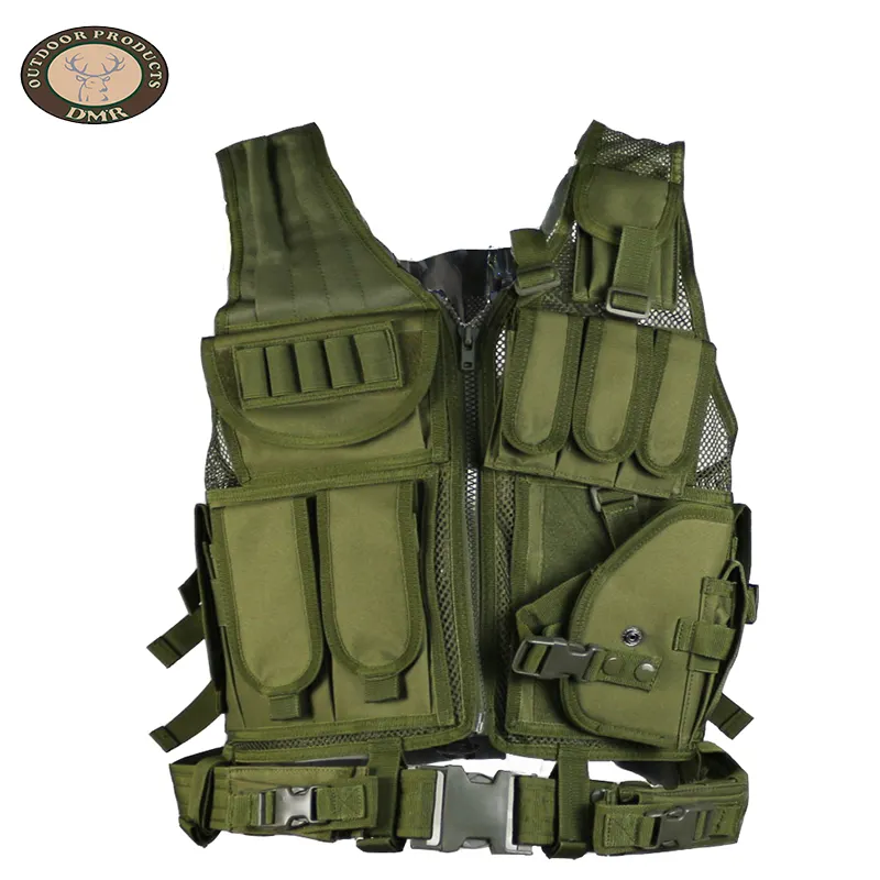 Fashion mens green multi pocket olive polyester tactical vest custom combat outdoor